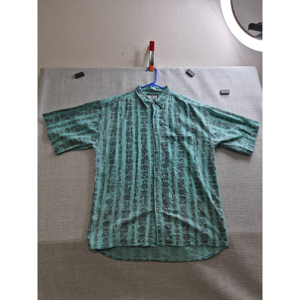 VTG Sostanza Fashion Police Shirt Mens Green Black Aztec Tribal Print Button Up